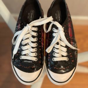 Red and black plaid Coach sneakers size 5.5